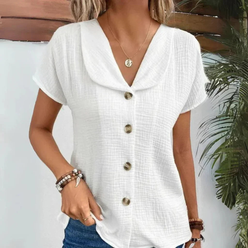 Women's Pleated V-Neck Blouse – Puff Sleeve Summer Blouse