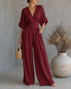 Women's V-Neck Wrap Wide Leg Jumpsuit – Cinched Waist Formal Occasion Jumpsuit
