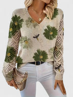 Women's Floral Button Cardigan – V-Neck Flower Pattern Knit Cardigan