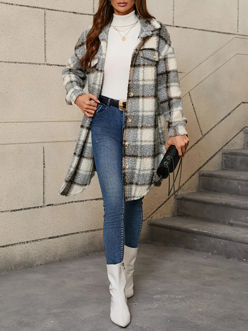 Women's Checked Teddy Coat – Oversized Fleece Winter Coat