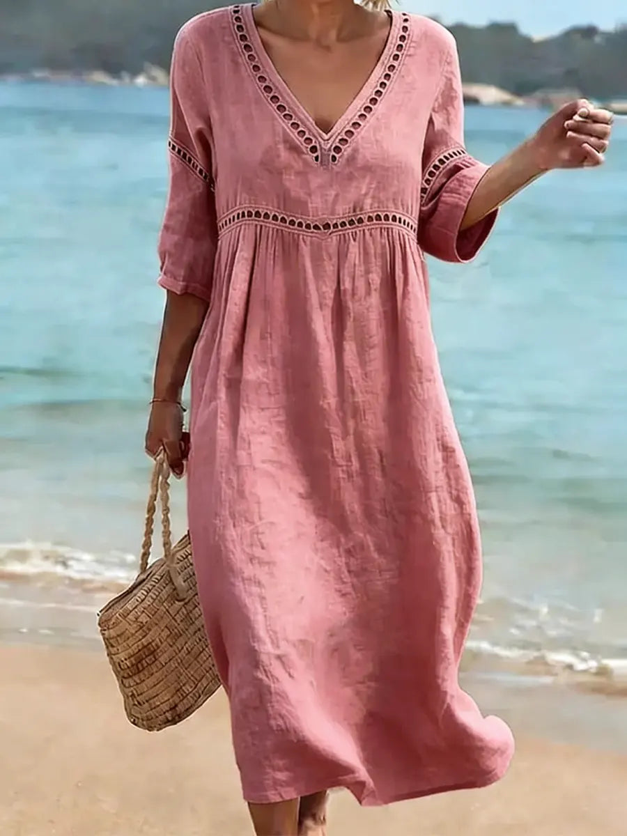 Women's V-Neck Midi Dress – Short Sleeve Pocket Summer Dress