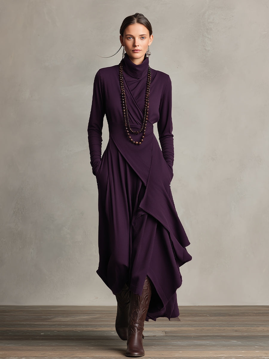 Women's Asymmetrical Knit Maxi Dress – High Neck Sweater Dress