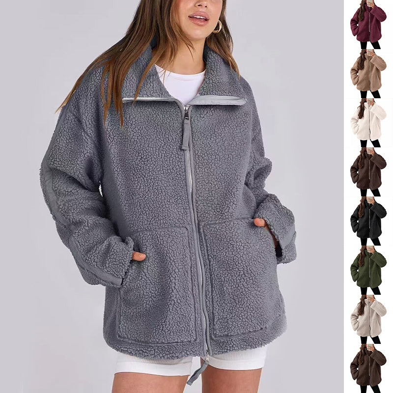 Women's Oversized Fleece Jacket – Zip-Up Long Sleeve Winter Jacket