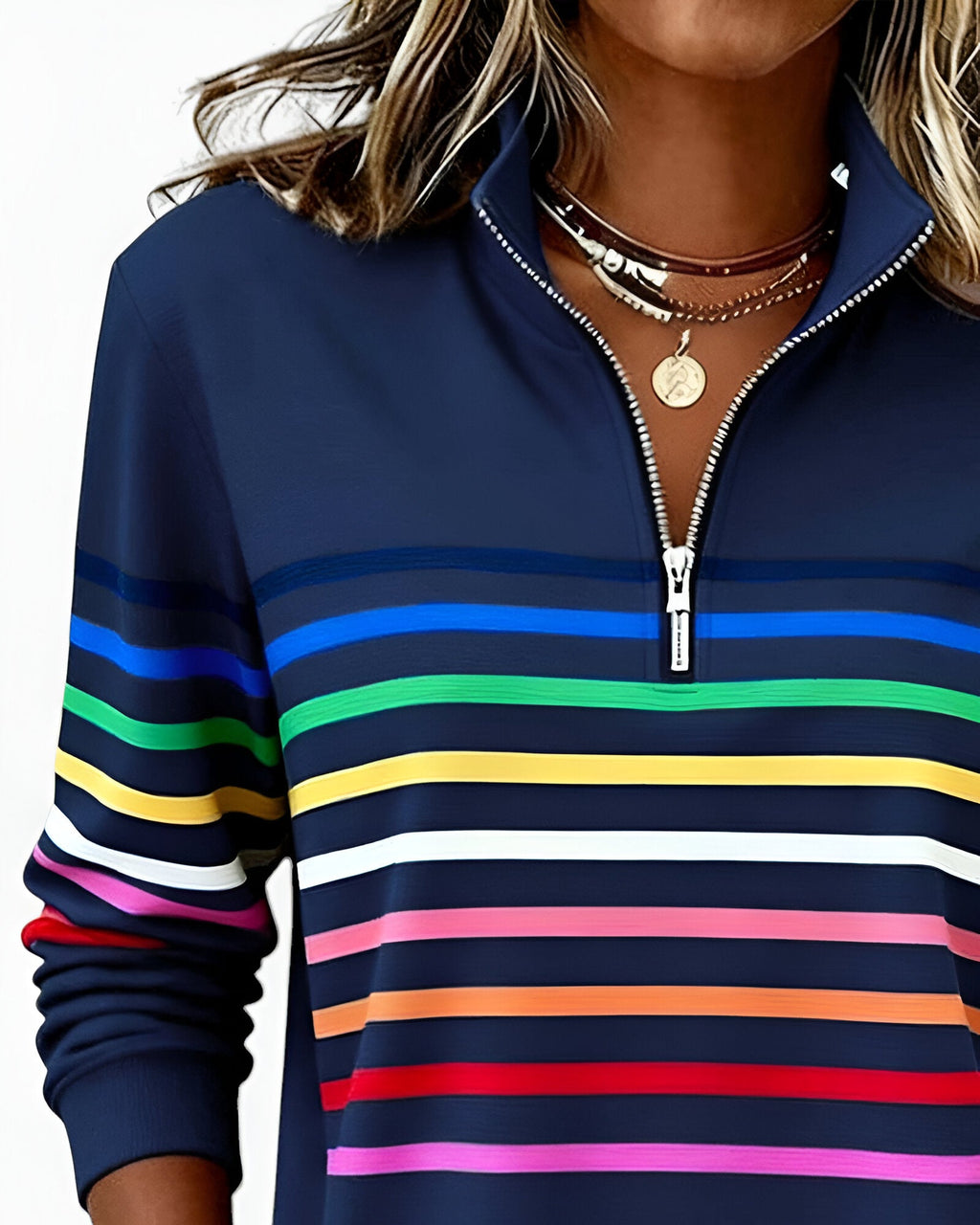 Women's Striped Zip Sweater – High Neck Zip Front Pullover