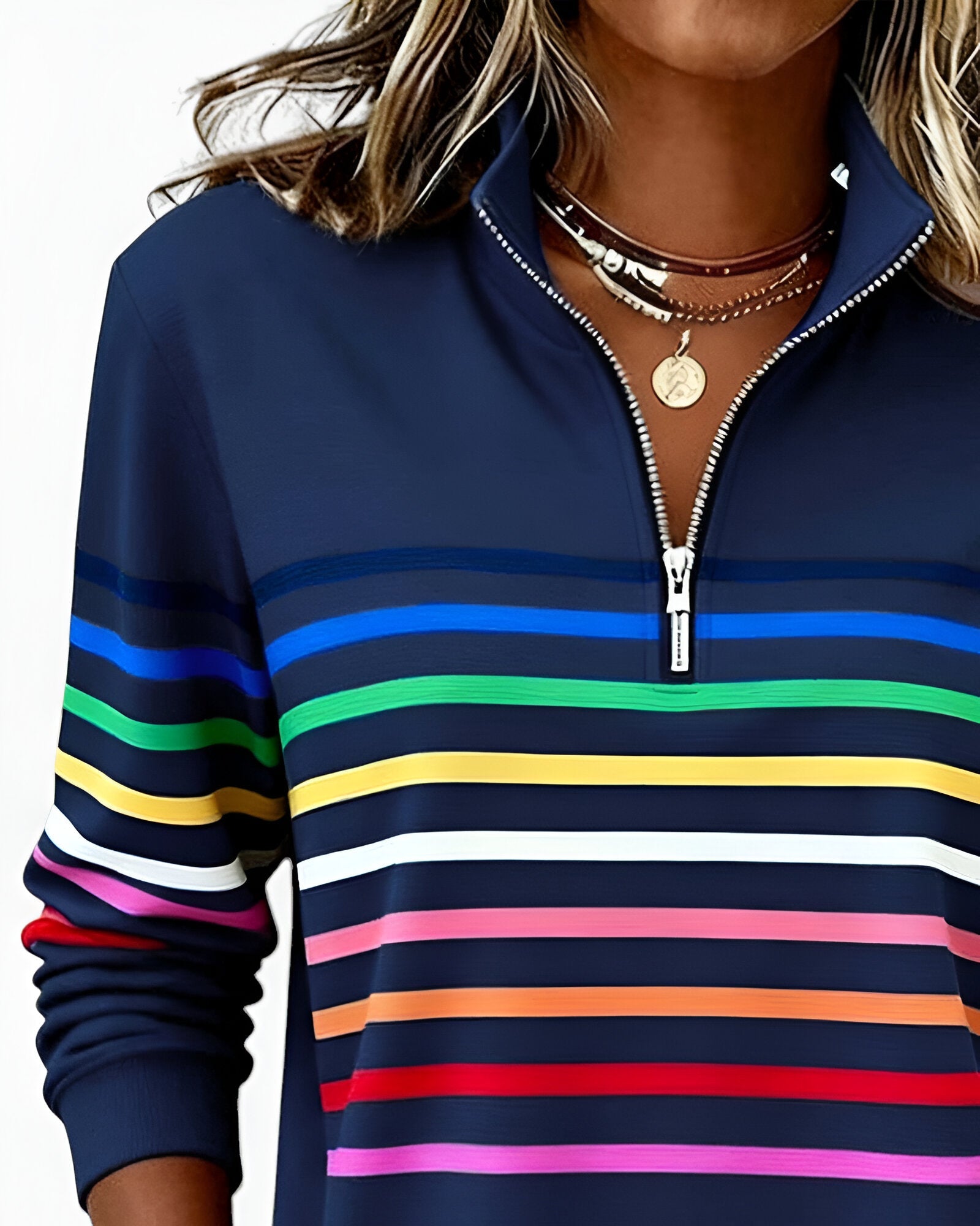 Women's Striped Zip Sweater – High Neck Zip Front Pullover