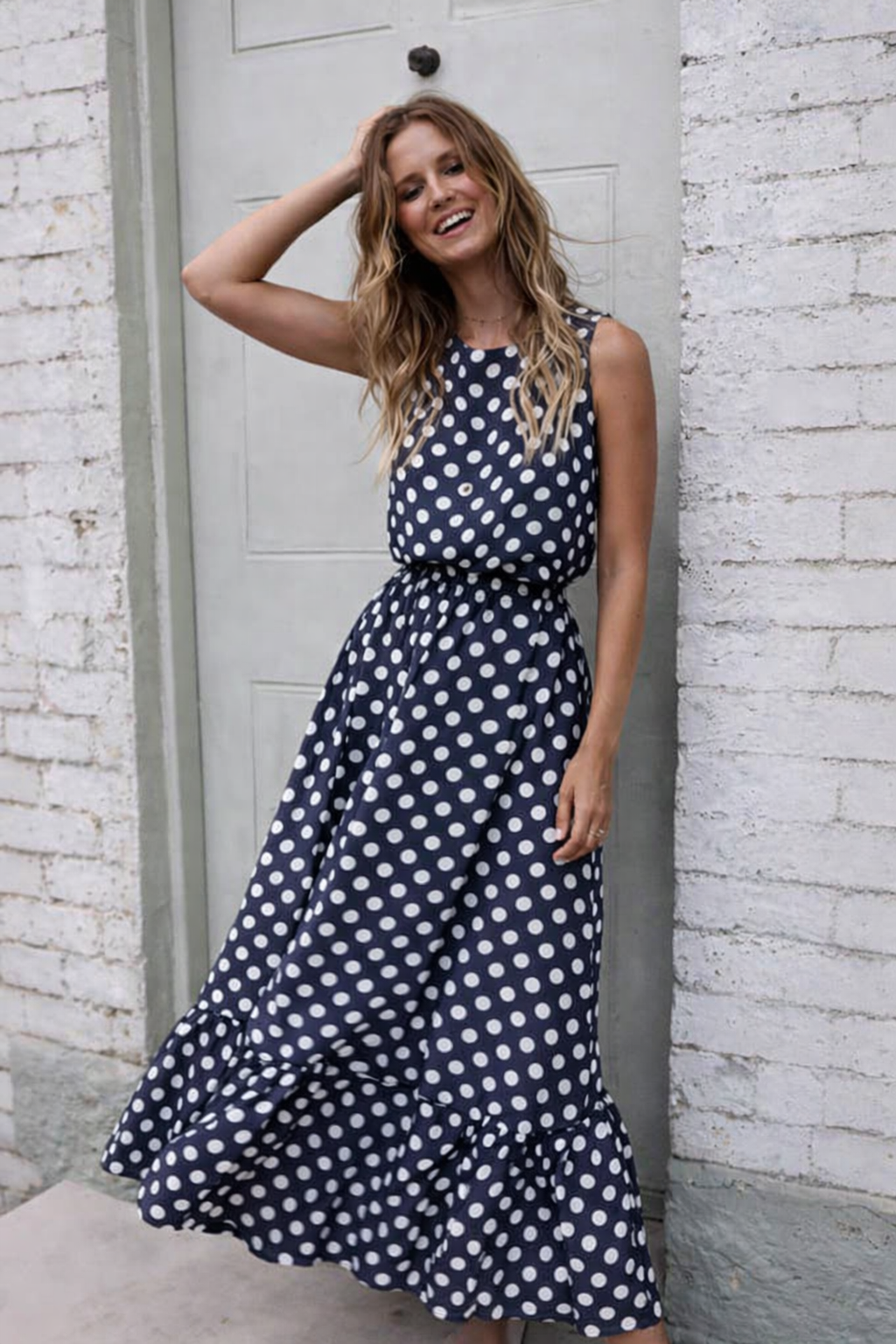 Women's Sleeveless Polka Dot Dress – Casual Midi Dress