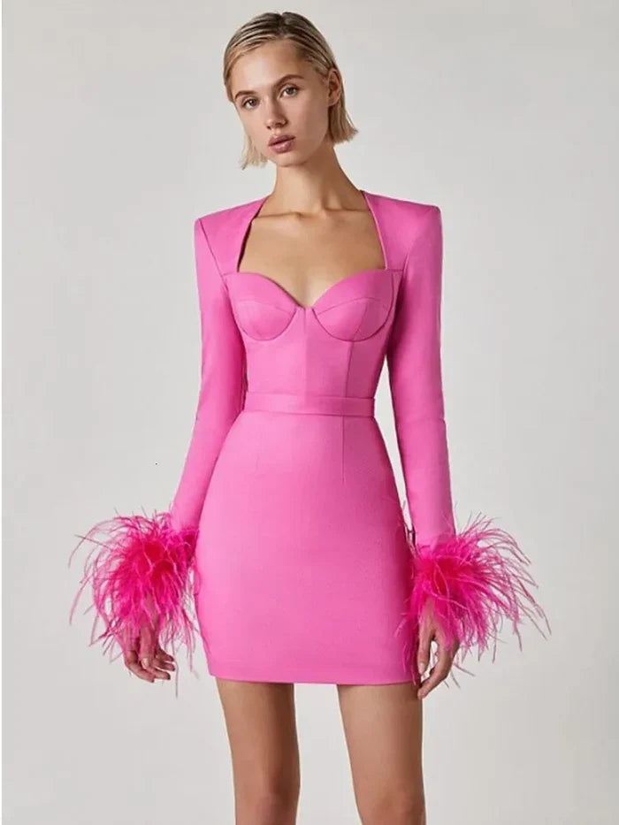 Women's Feather Trim Dress – Long Sleeve Evening Party Dress