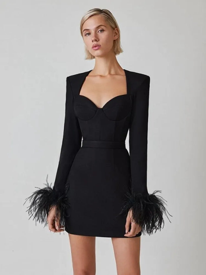 Women's Feather Trim Dress – Long Sleeve Evening Party Dress