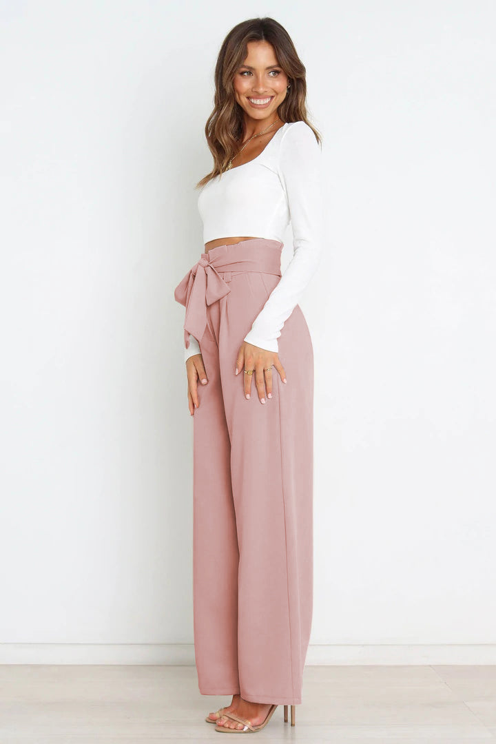 Women's Paperbag Waist Trousers – High Waist Bow Detail Wide Leg Pants