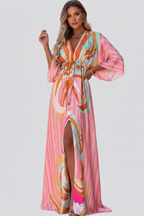 Women's Printed Maxi Dress – V-Neck Belted Dress – Ruby