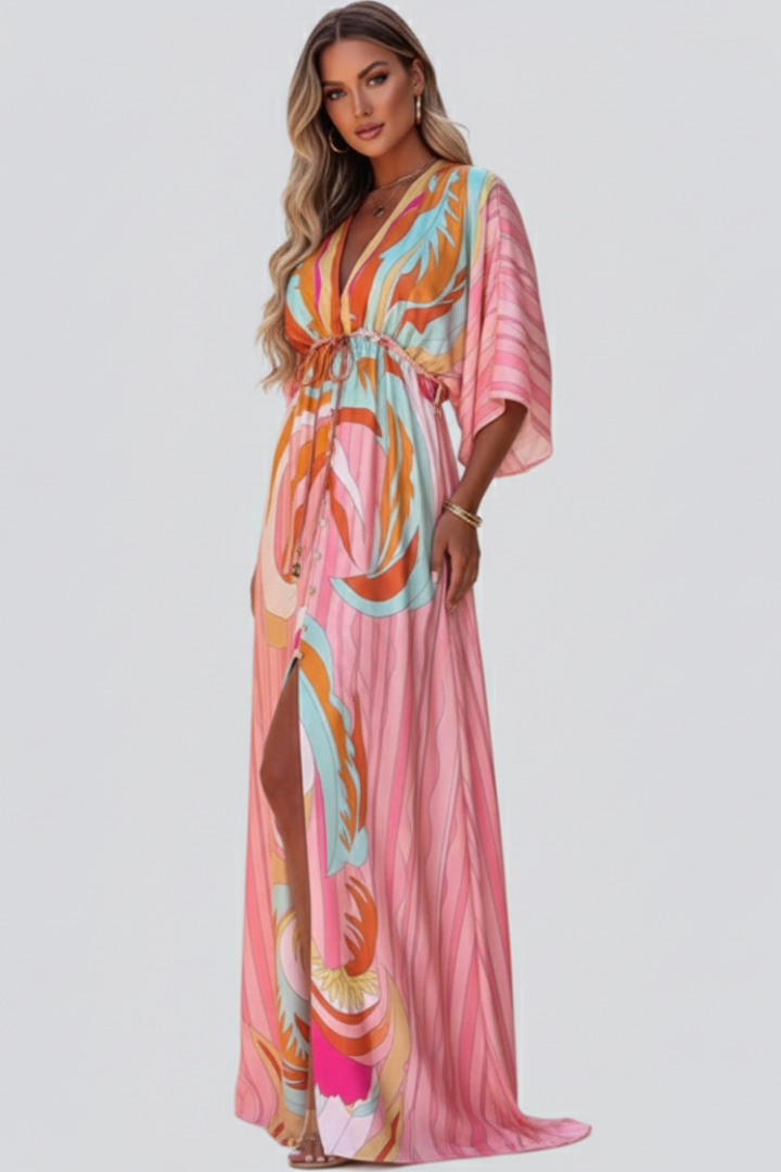 Women's Printed Maxi Dress – V-Neck Belted Dress – Ruby