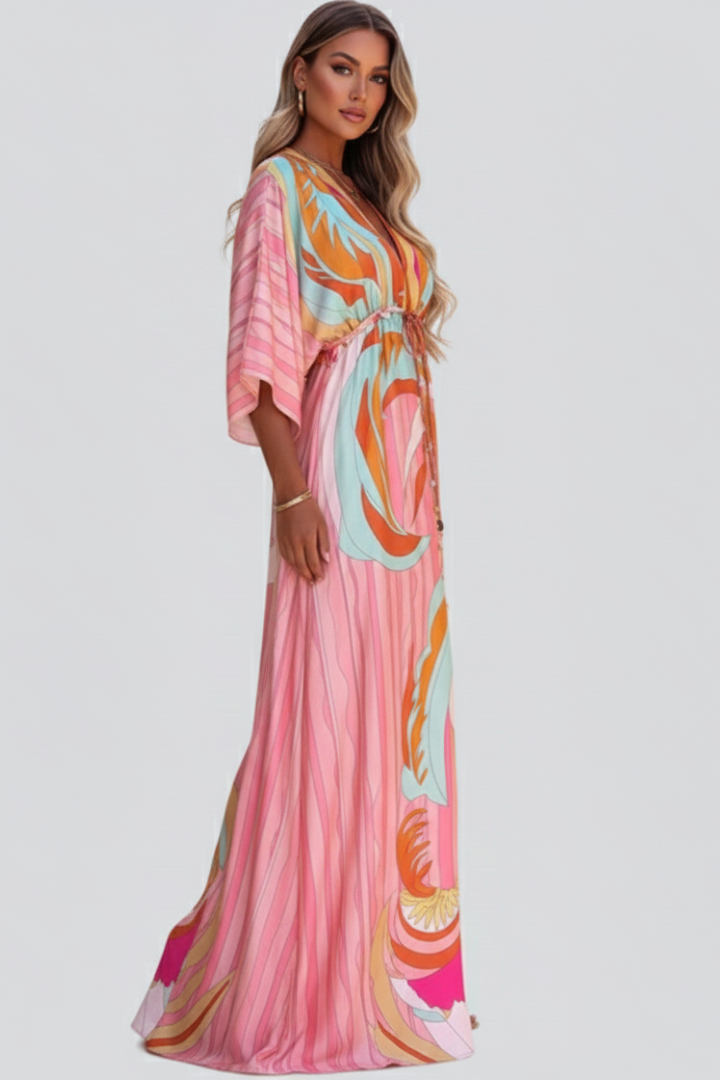 Women's Printed Maxi Dress – V-Neck Belted Dress – Ruby