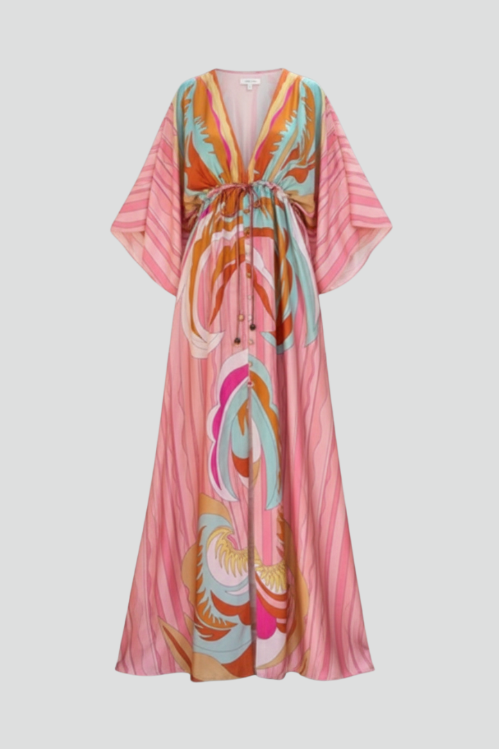 Women's Printed Maxi Dress – V-Neck Belted Dress – Ruby