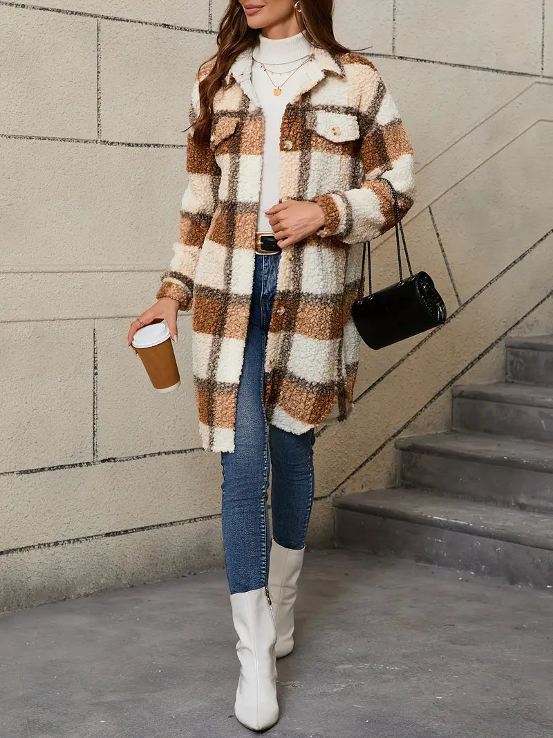 Women's Checked Teddy Coat – Oversized Fleece Winter Coat
