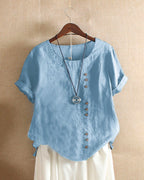 Women's Casual Blouse with Rolled Sleeves and Front Buttons
