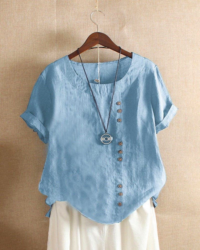 Women's Casual Blouse with Rolled Sleeves and Front Buttons
