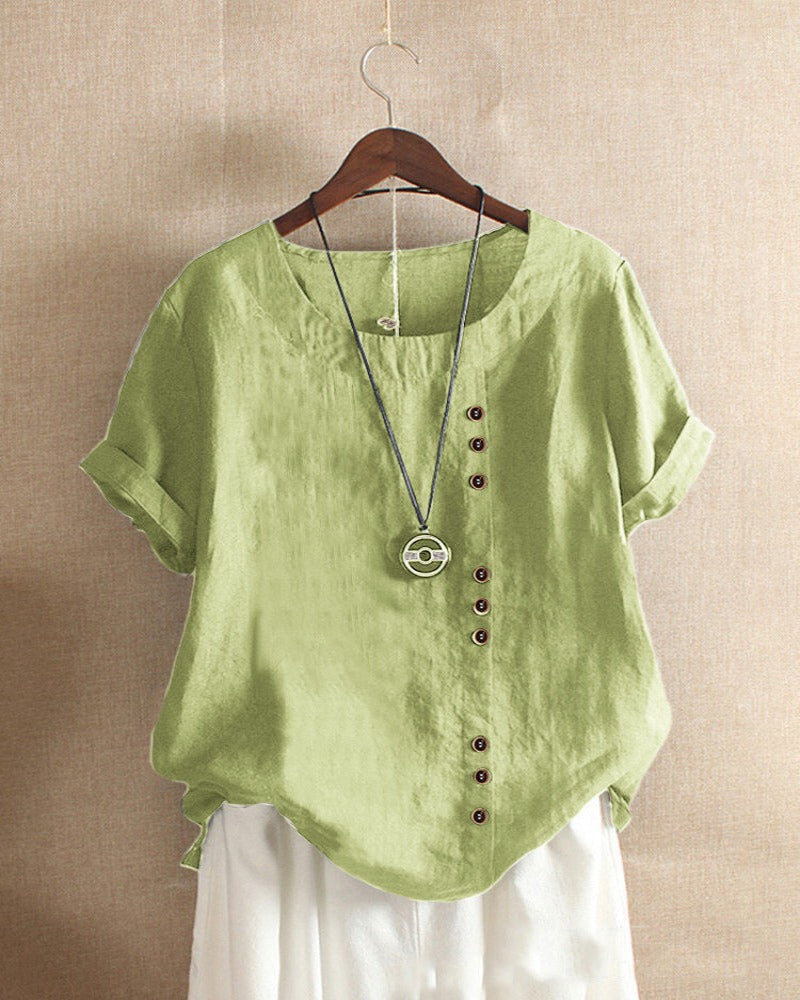 Women's Casual Blouse with Rolled Sleeves and Front Buttons