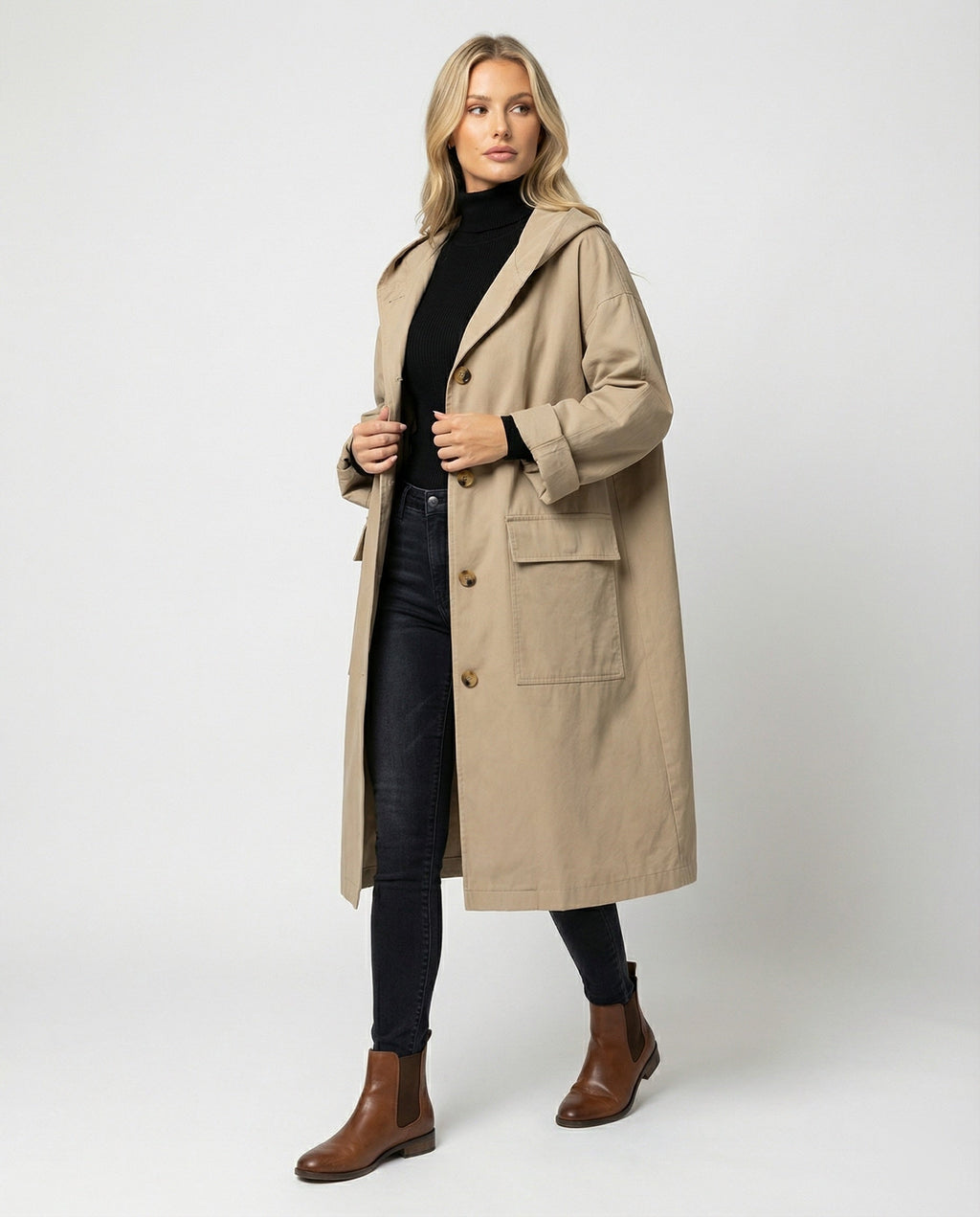 Women's Long Belted Trench Coat – Adjustable Waist Transitional Coat