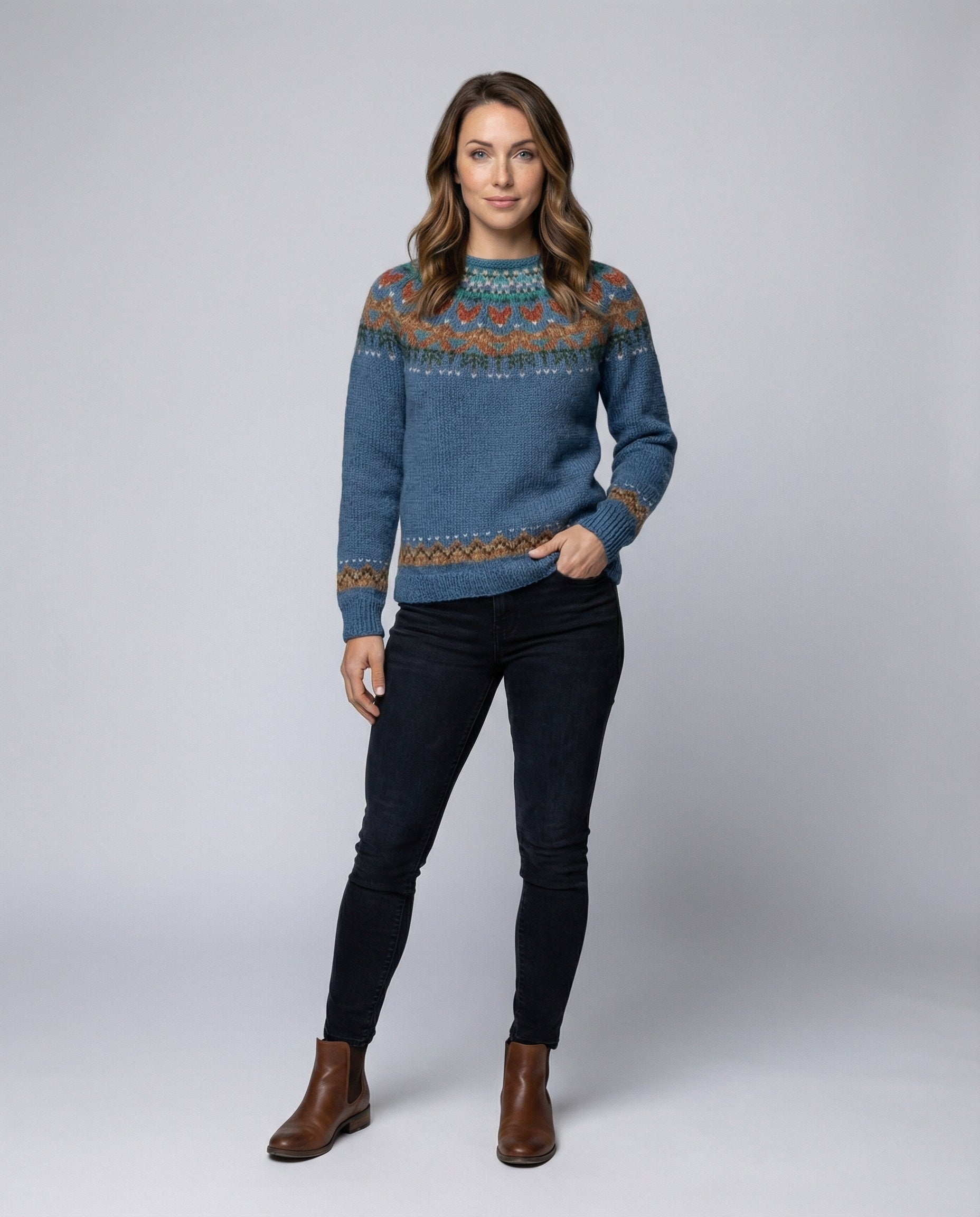 Women's Vintage Nordic Sweater – Icelandic Pattern Crew Neck Knit Pullover