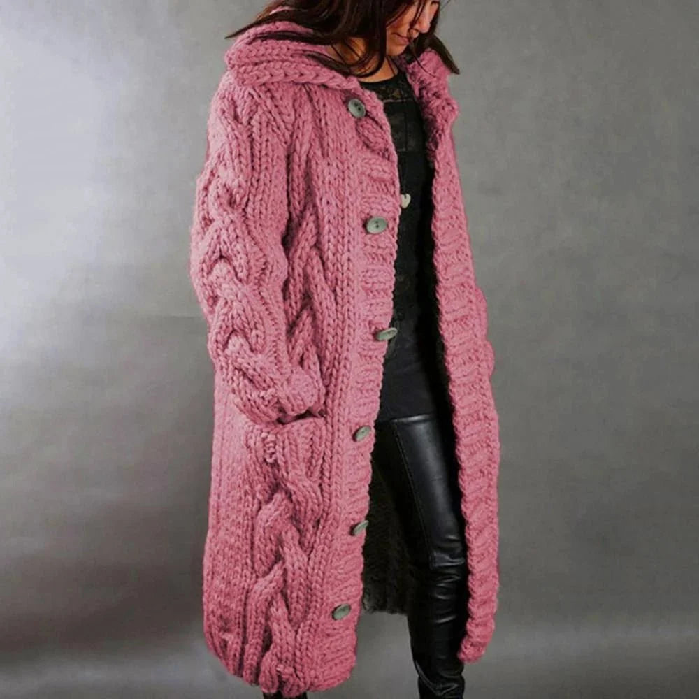 Women's Hooded Knit Coat – Knee Length Button Front Winter Coat