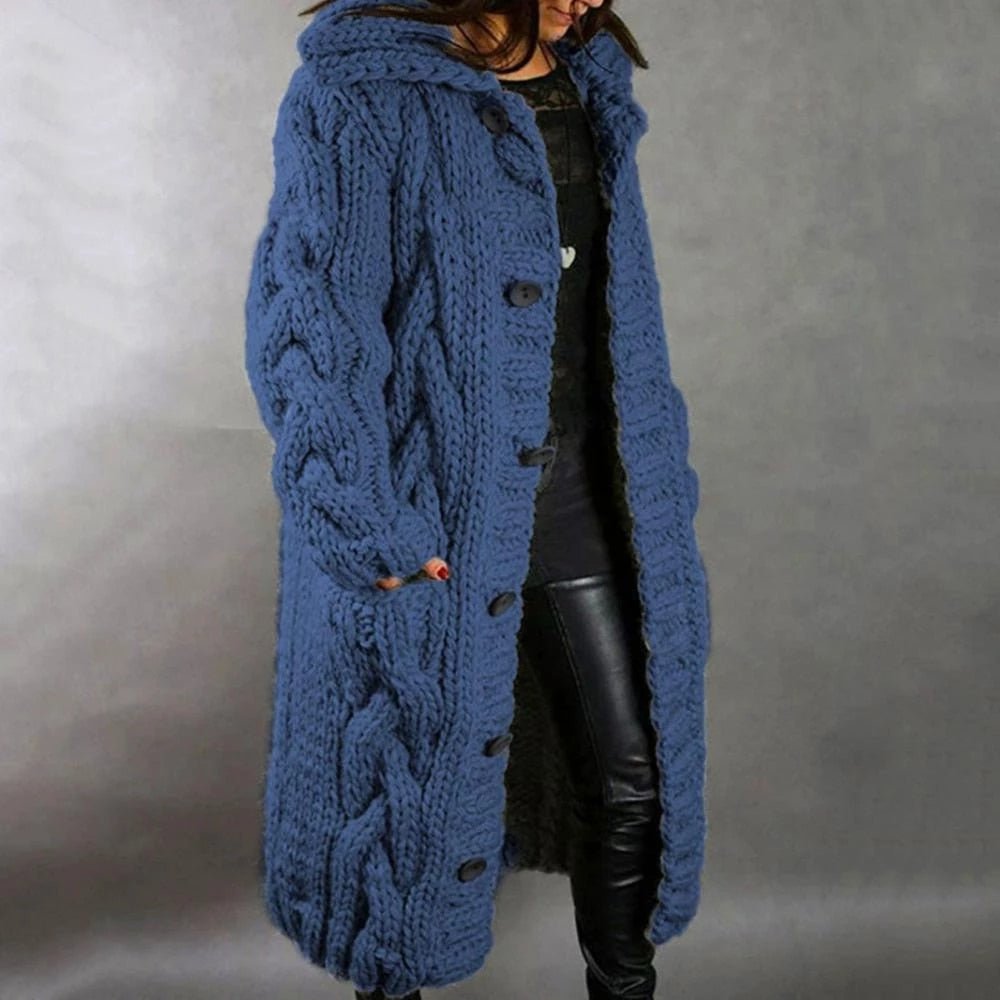 Women's Hooded Knit Coat – Knee Length Button Front Winter Coat