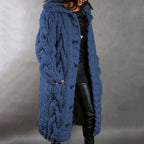 Women's Hooded Knit Coat – Knee Length Button Front Winter Coat