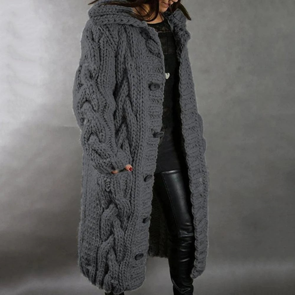 Women's Hooded Knit Coat – Knee Length Button Front Winter Coat