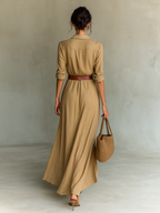 Women's Belted Maxi Shirt Dress – Lapel Collar Long Sleeve Dress