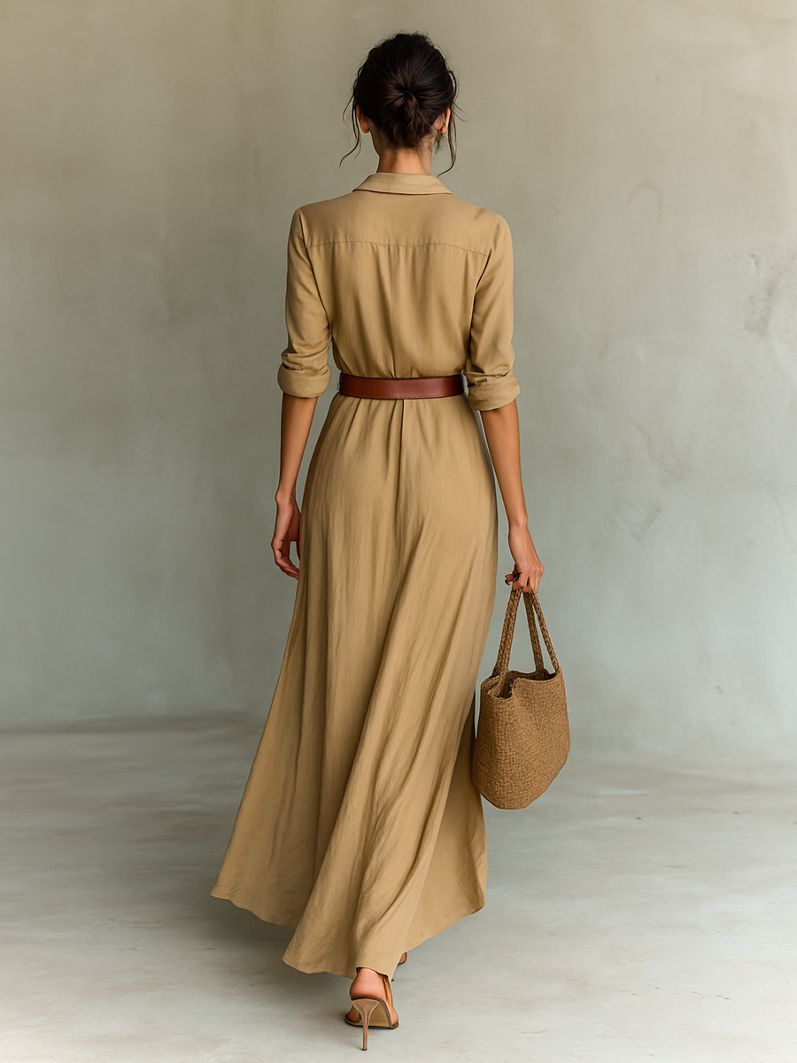 Women's Belted Maxi Shirt Dress – Lapel Collar Long Sleeve Dress