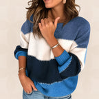 Women's Striped Sweater – Colour Block Round Neck Knit Sweater
