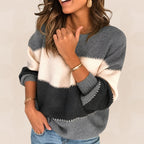 Women's Striped Sweater – Colour Block Round Neck Knit Sweater