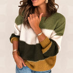 Women's Striped Sweater – Colour Block Round Neck Knit Sweater