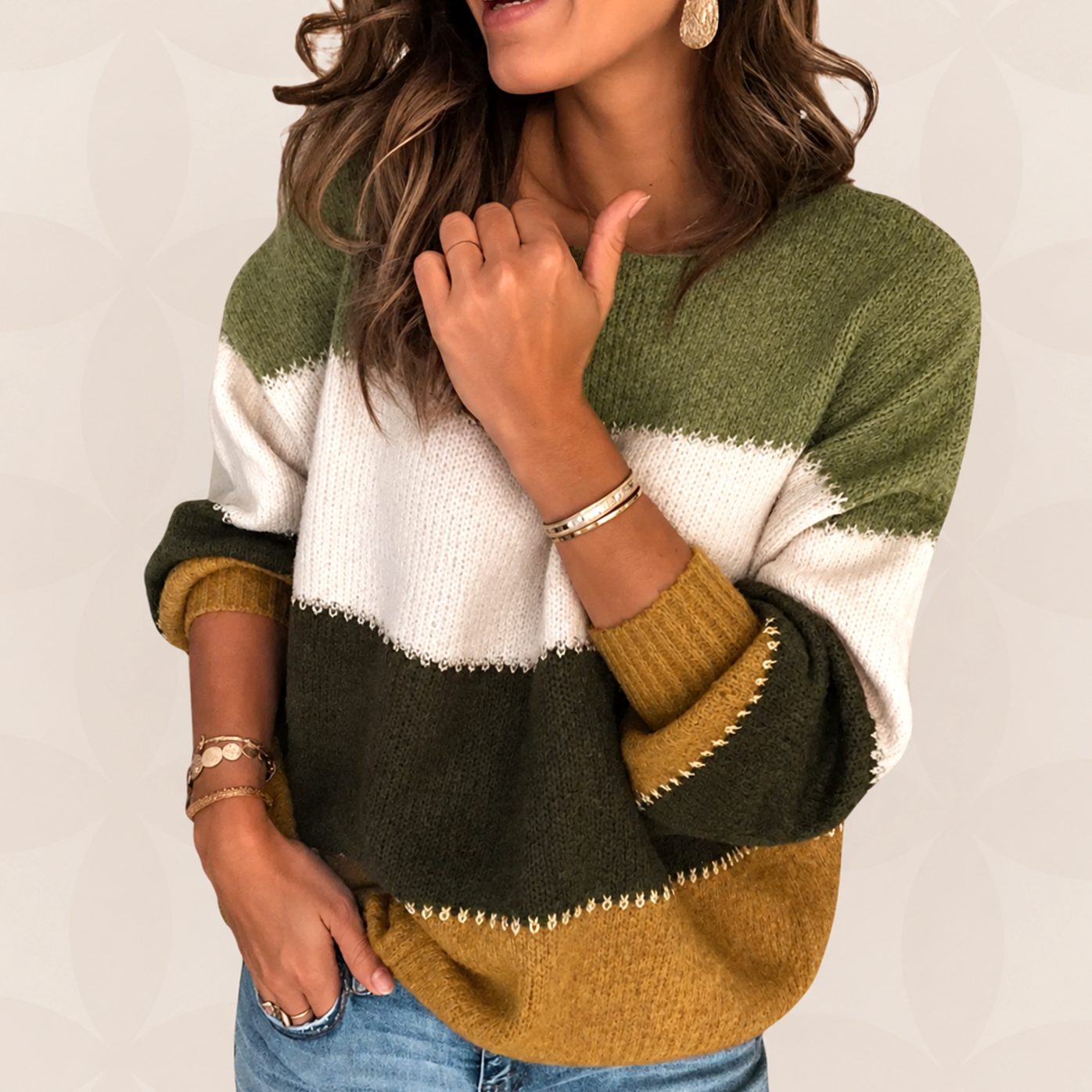 Women's Striped Sweater – Colour Block Round Neck Knit Sweater