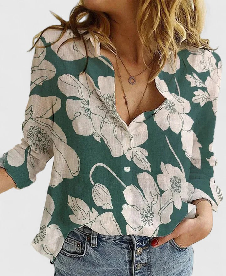 Women's Button Blouse with Henley Neckline and Tab Sleeves