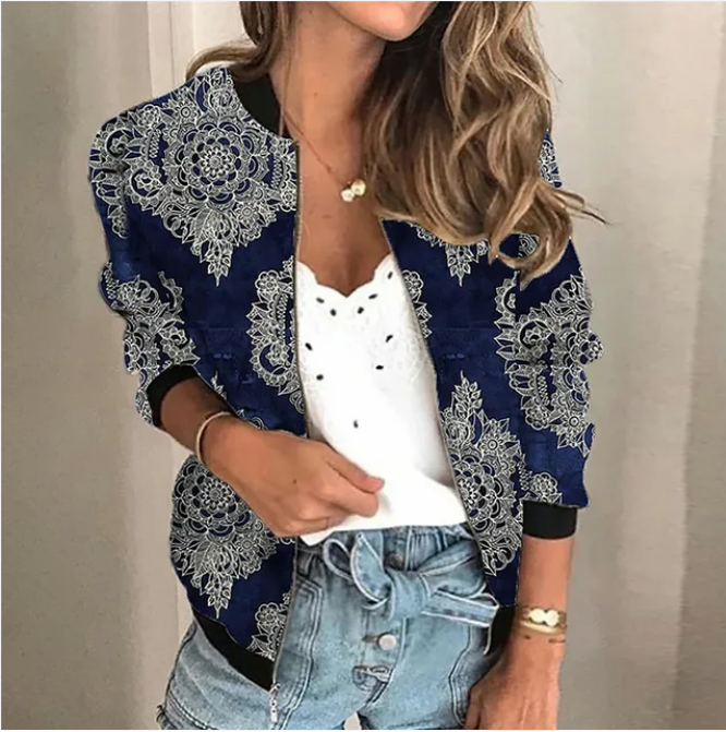 Women's Printed Zip-Up Jacket – Lightweight Patterned Casual Jacket