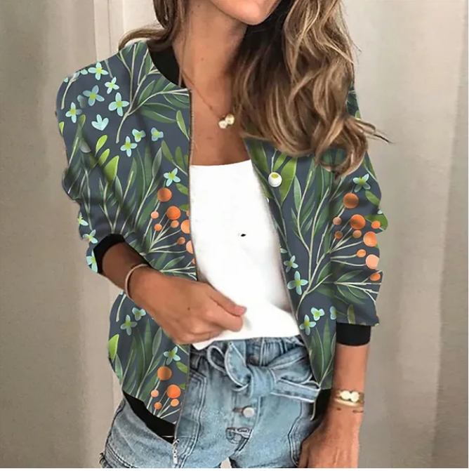 Women's Printed Zip-Up Jacket – Lightweight Patterned Casual Jacket