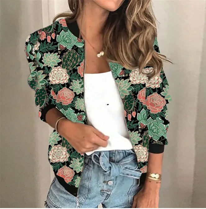 Women's Printed Zip-Up Jacket – Lightweight Patterned Casual Jacket