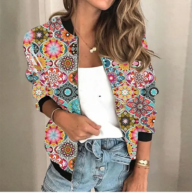 Women's Printed Zip-Up Jacket – Lightweight Patterned Casual Jacket