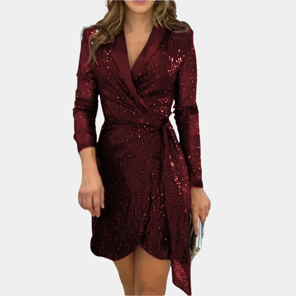 Women's Sequin Blazer Dress – Belted Deep V-Neck Asymmetrical Party Dress