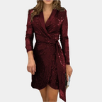 Women's Sequin Blazer Dress – Belted Deep V-Neck Asymmetrical Party Dress