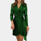 Women's Sequin Blazer Dress – Belted Deep V-Neck Asymmetrical Party Dress