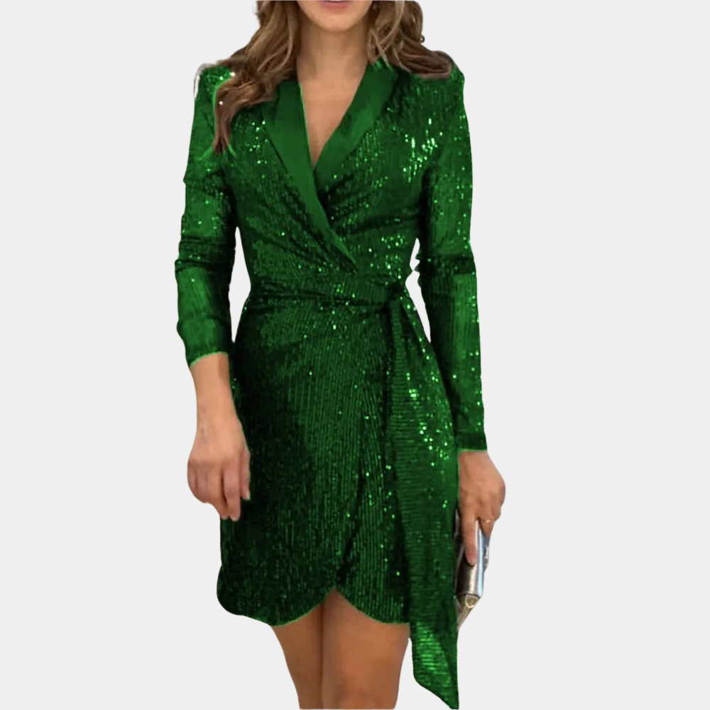 Women's Sequin Blazer Dress – Belted Deep V-Neck Asymmetrical Party Dress