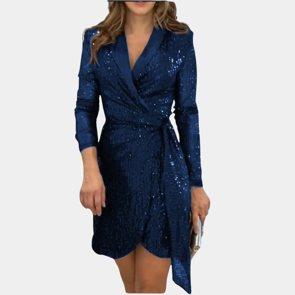 Women's Sequin Blazer Dress – Belted Deep V-Neck Asymmetrical Party Dress