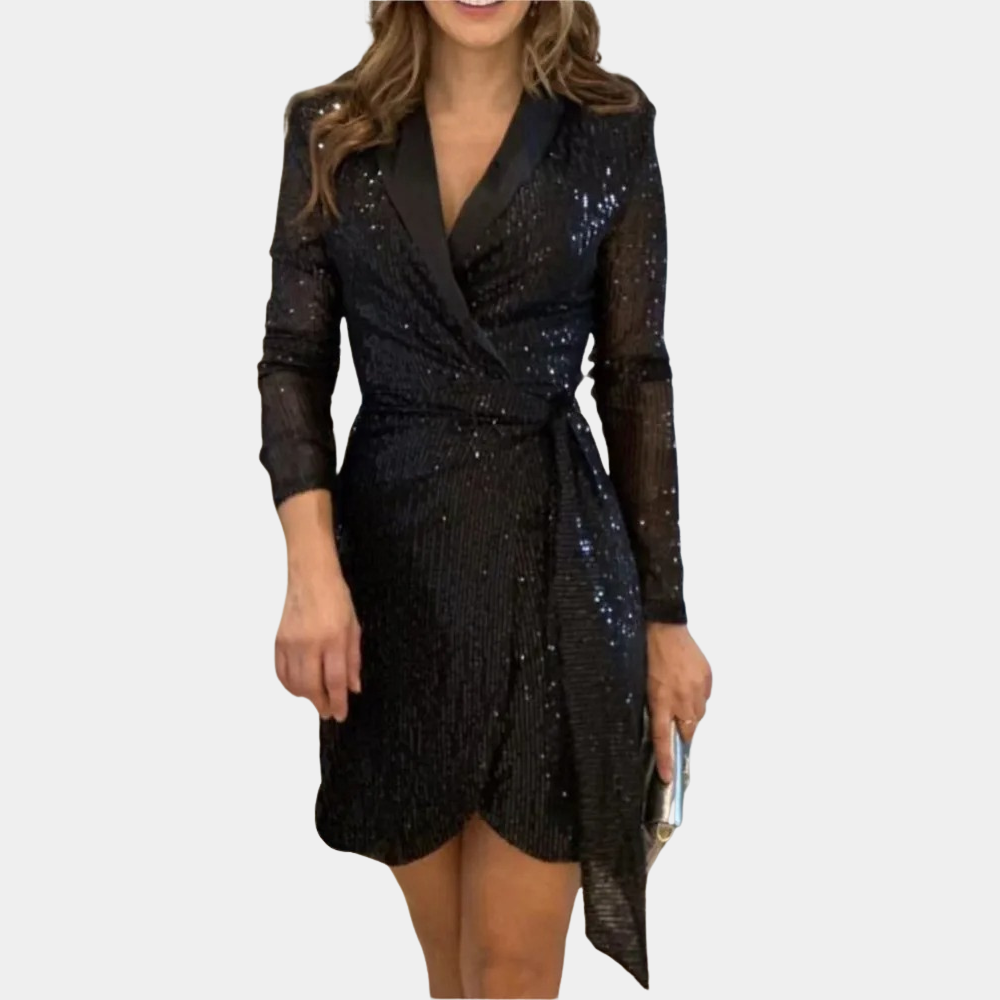 Women's Sequin Blazer Dress – Belted Deep V-Neck Asymmetrical Party Dress