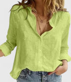 Women's Button Blouse with Henley Neckline and Tab Sleeves