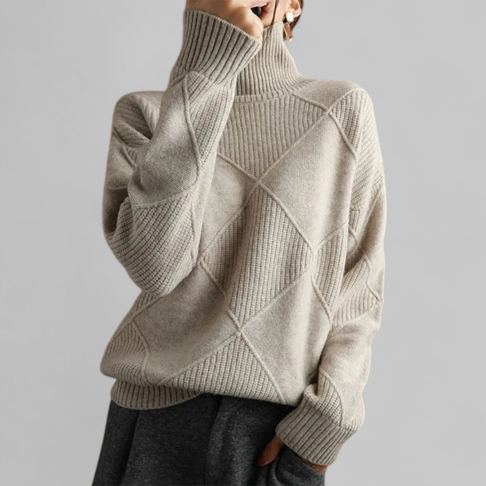 Women's Geometric Roll Neck Sweater – Relaxed Fit Winter Sweater
