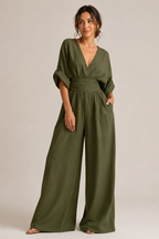 Women's Three-Quarter Sleeve Jumpsuit – Wide Leg Pantsuit