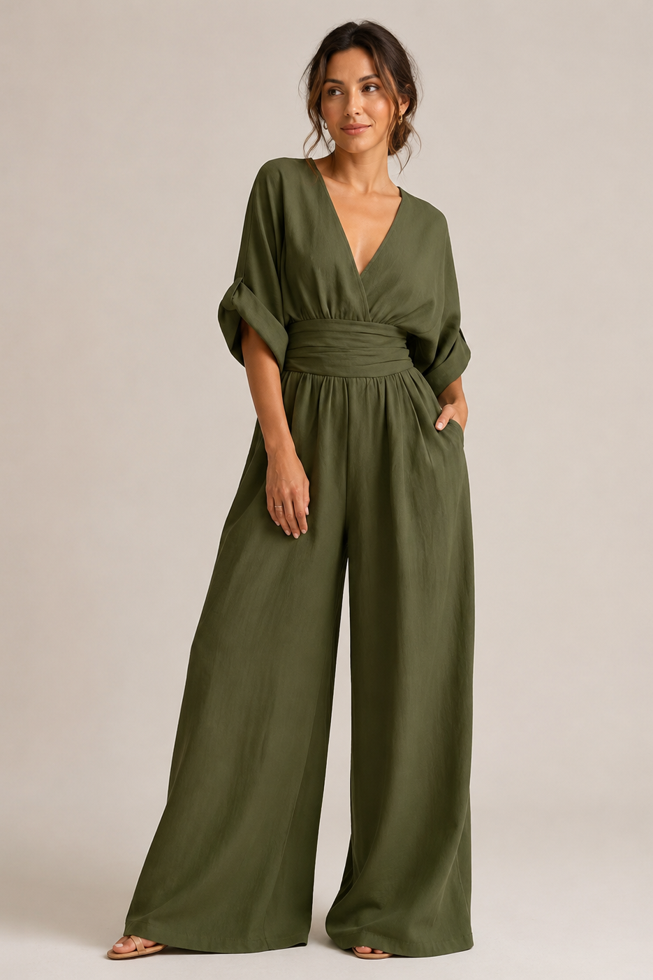 Women's Three-Quarter Sleeve Jumpsuit – Wide Leg Pantsuit