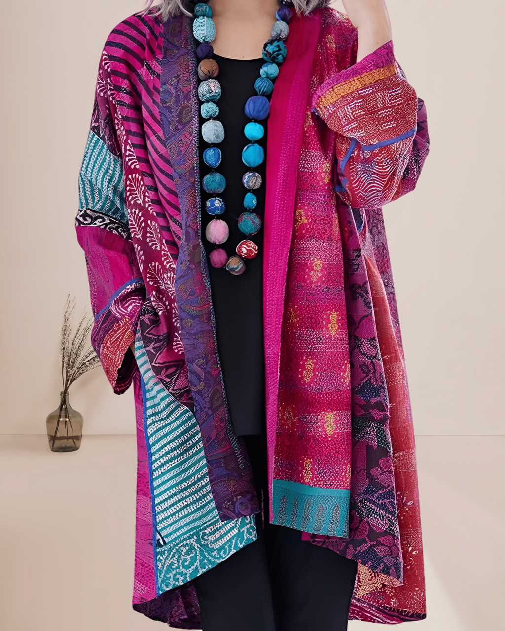 Women's Boho Patchwork Long Vest – Open Front Printed Layering Vest