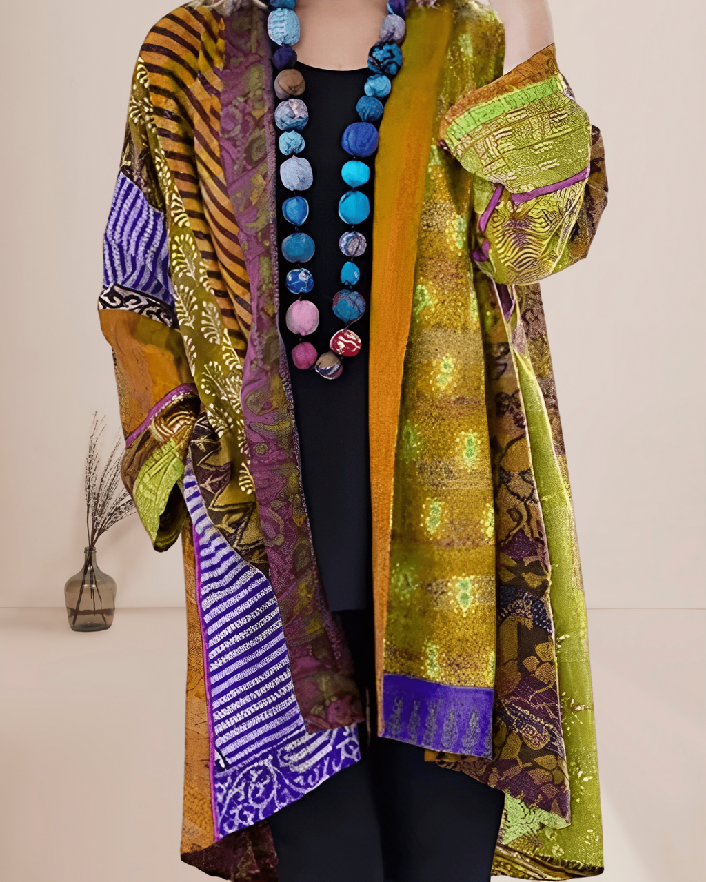 Women's Boho Patchwork Long Vest – Open Front Printed Layering Vest